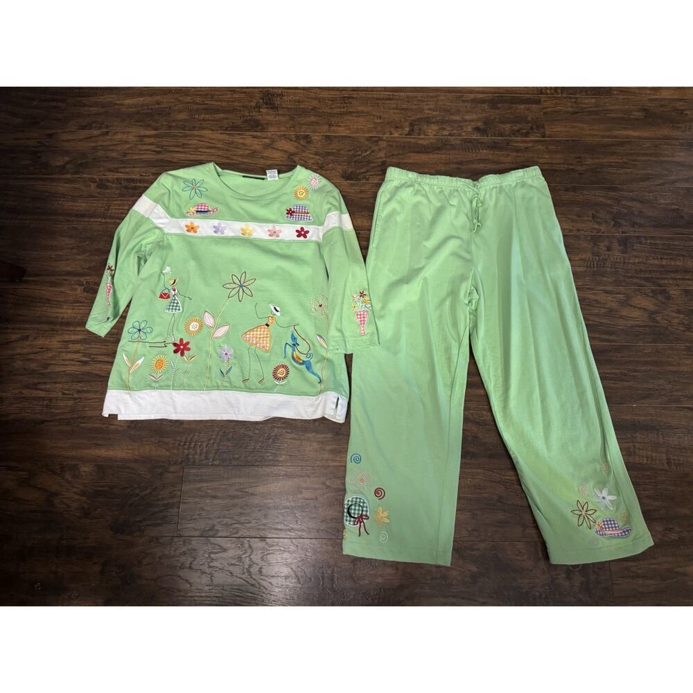 Onque 2 Pc Out Fit Green Top Pants Womens Embroidered Floral Sz:Medium